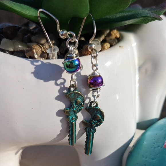 Rainbow Hematite Wrapped Key Earrings Handmade Silver Wire Steampunk - Picture 6 of 8